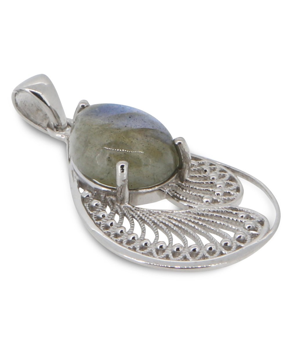 Labradorite Pendant in Sterling Silver Feather Design - Charms & Pendants