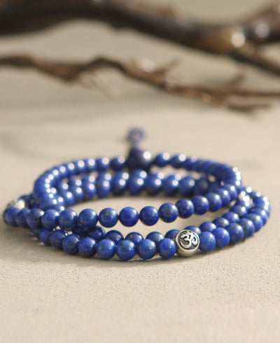 Lapis Meditation Mala with Sterling Om Counter Beads, 108 Beads - Prayer Beads