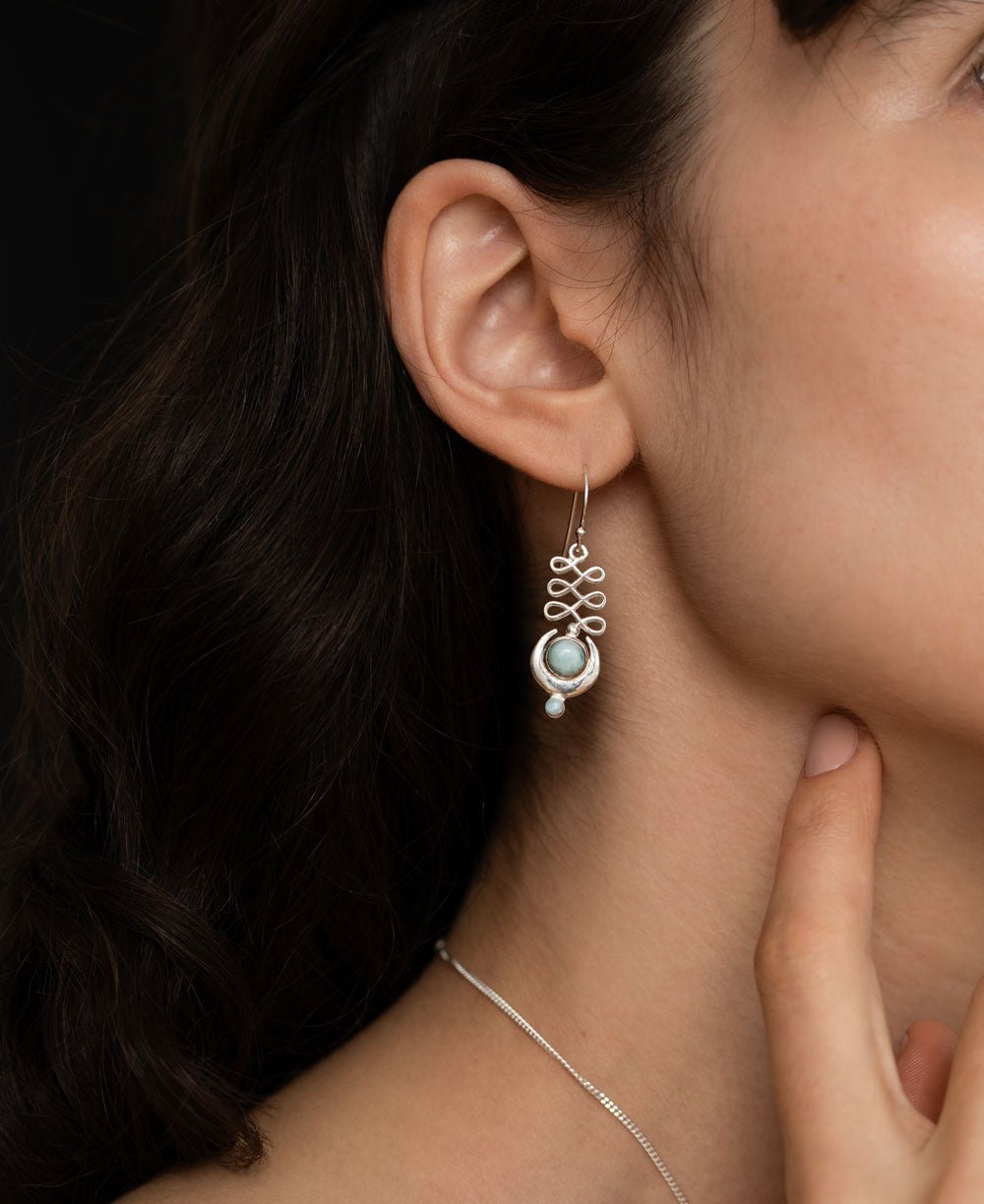 Larimar and Sterling Silver Unalome Moon Earrings - Earrings