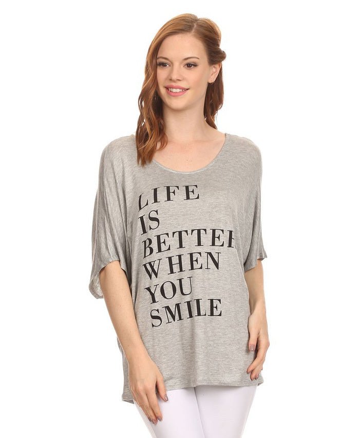 Life is Better When You Smile Inspirational Top, Grey - Inspirational Apparel S