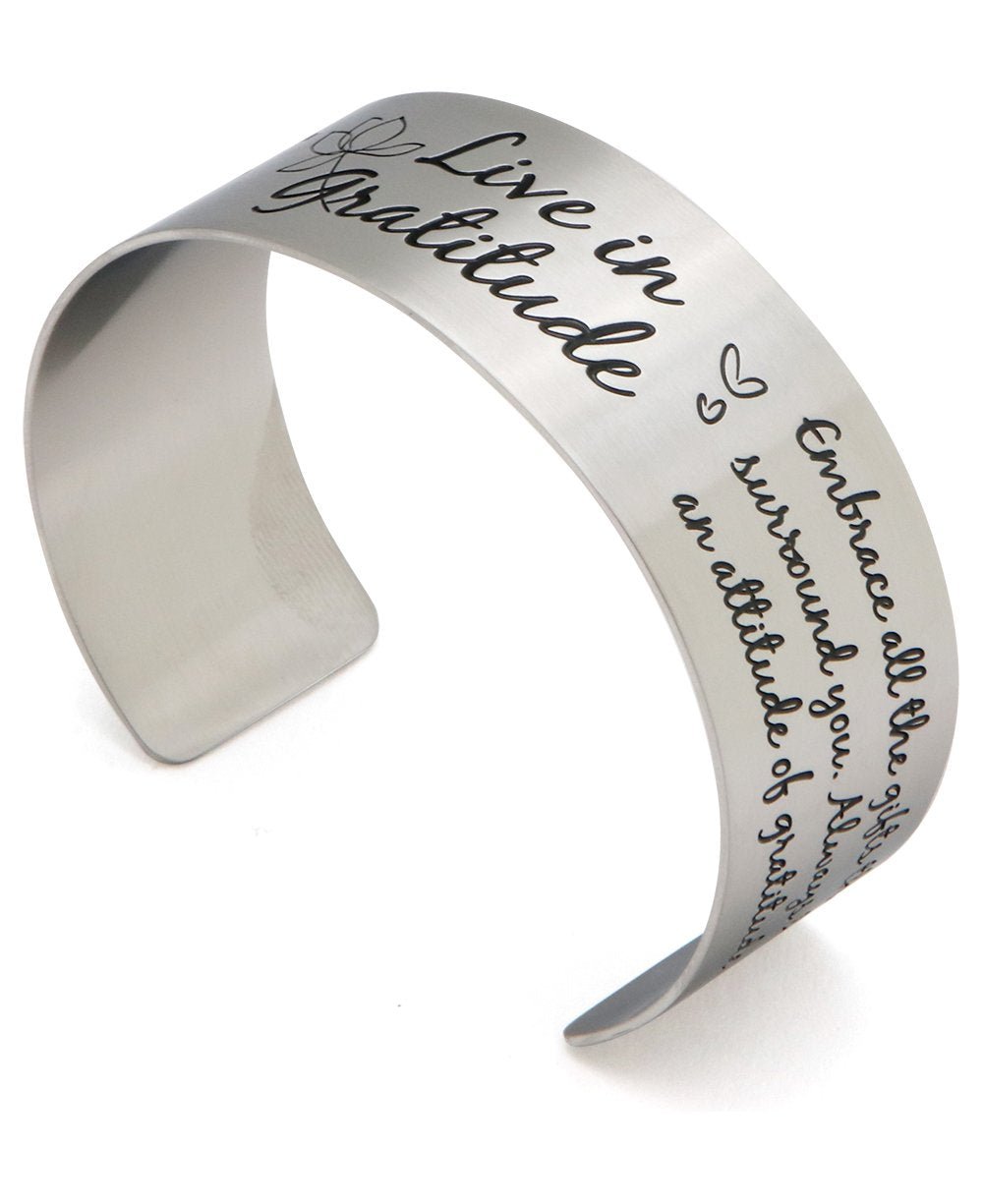 Live in Gratitude Stainless Steel Adjustable Inspirational Cuff Bracelet - Bracelets