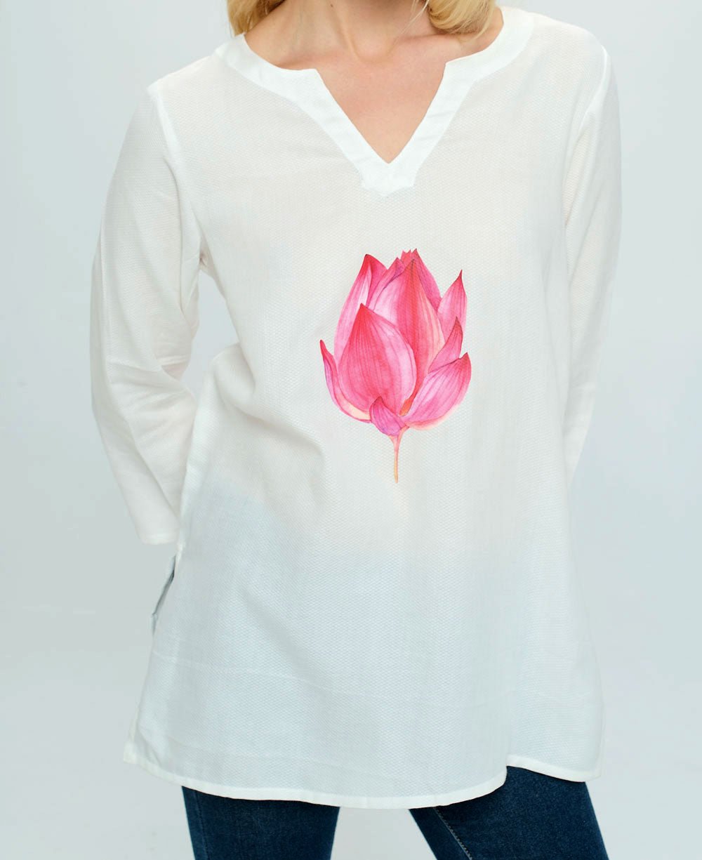Lotus Design White Woven Cotton Tunic Top - Shirts & Tops S