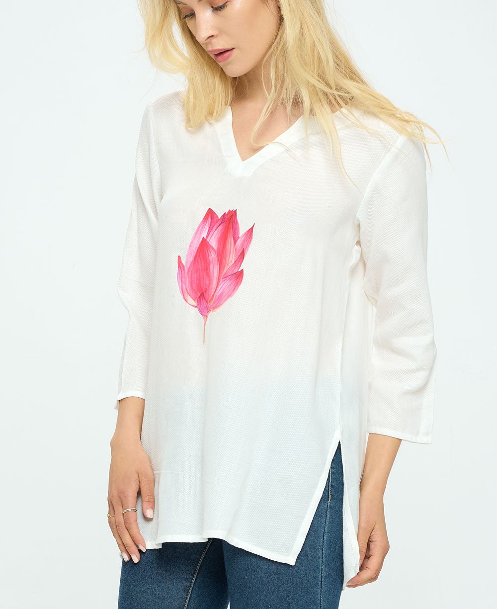 Lotus Design White Woven Cotton Tunic Top - Shirts & Tops S