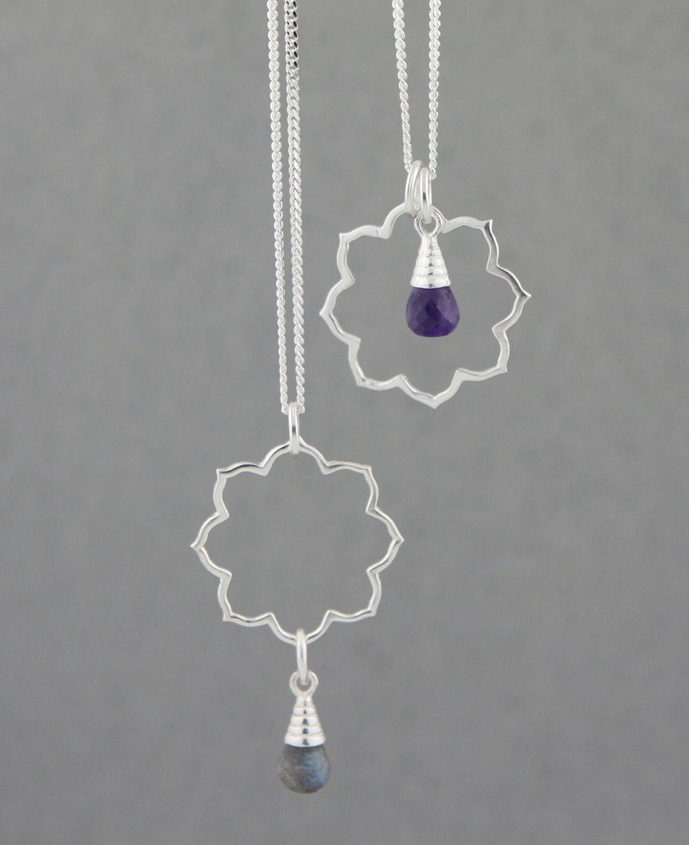 Lotus Gemstone Drop Necklace, Sterling Silver - Necklaces Amethyst