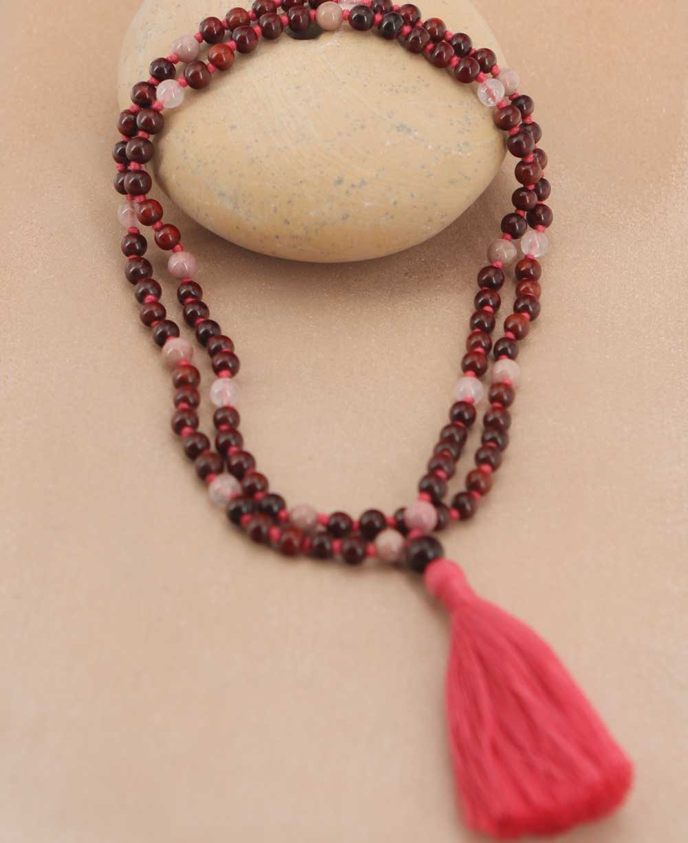 Love and Compassion Rosewood Meditation Mala With Rose Quartz and Rhodonite - Prayer Beads