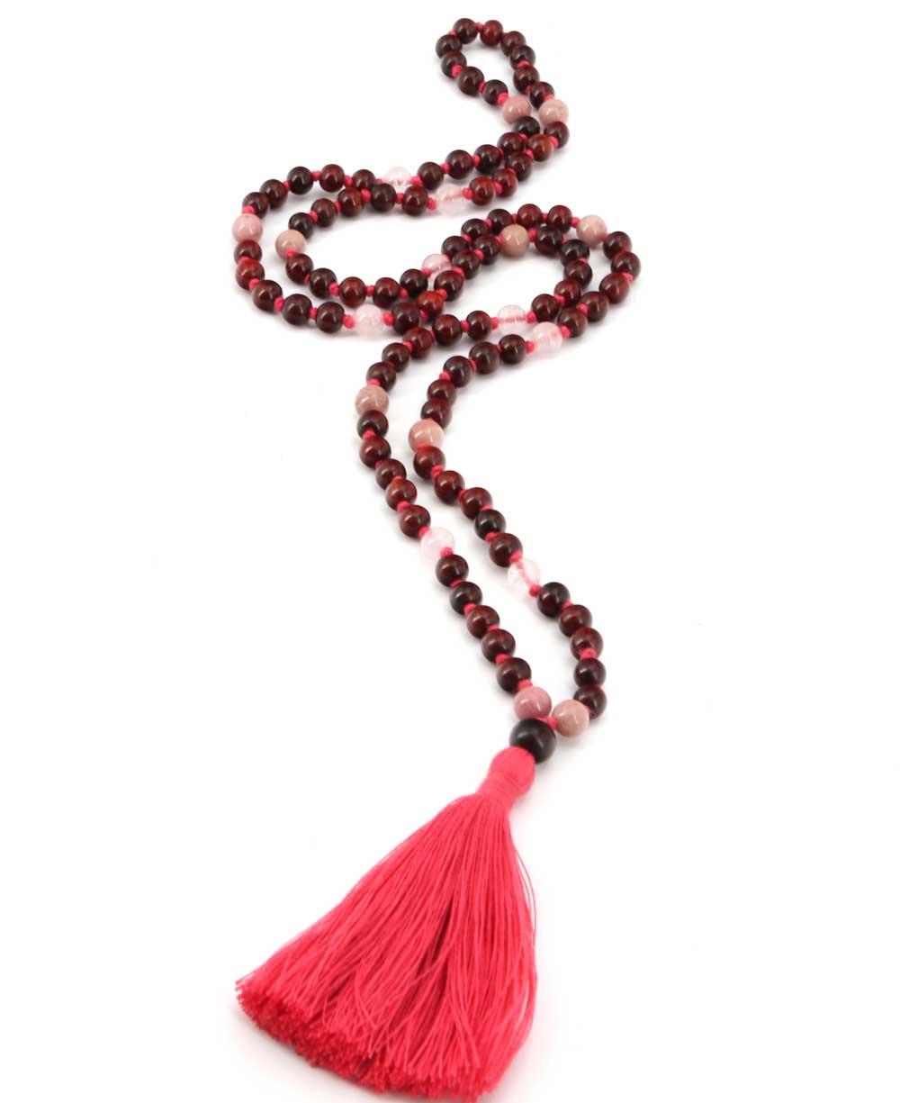 Love and Compassion Rosewood Meditation Mala With Rose Quartz and Rhodonite - Prayer Beads