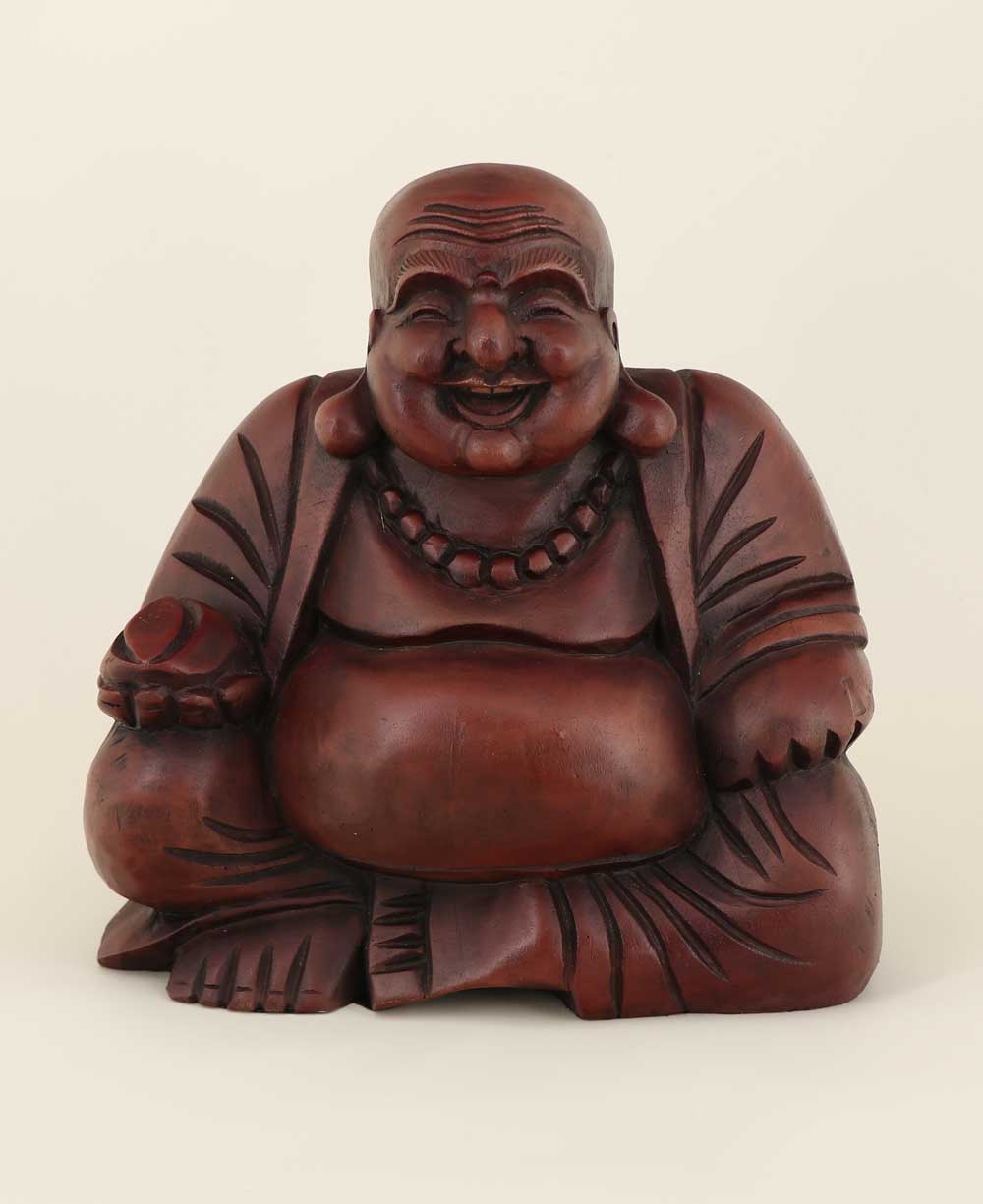 Mahogany Finish Sitting Happy Buddha Statue - Sculptures & Statues