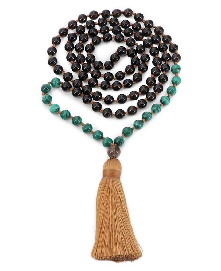 Malachite and Smoky Quartz Beads Meditation Knotted Mala - Prayer Beads 6mm