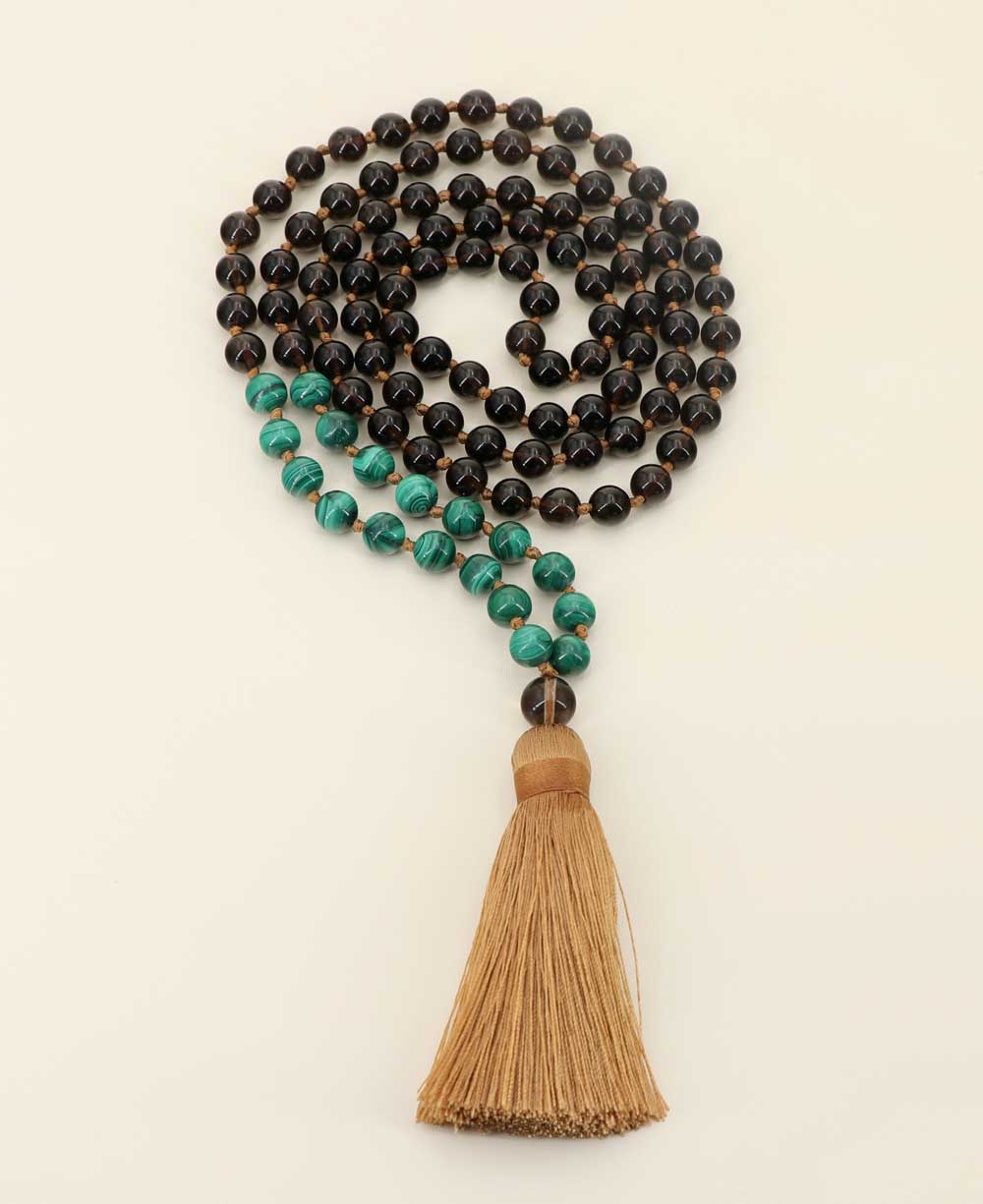 Malachite and Smoky Quartz Beads Meditation Knotted Mala - Prayer Beads 6mm