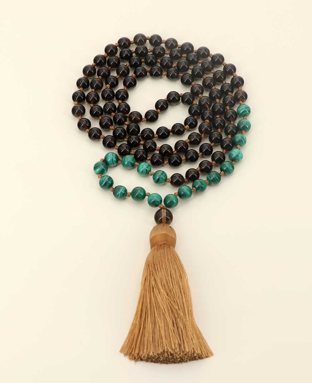 Malachite and Smoky Quartz Beads Meditation Knotted Mala - Prayer Beads 6mm