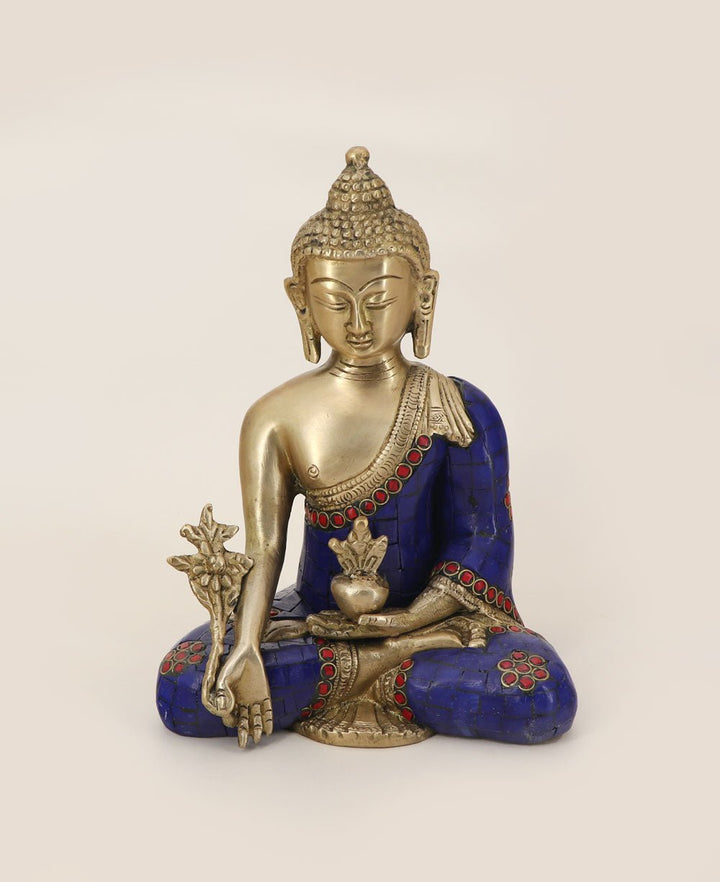 Medicine Buddha Statue in Artistic Brass Mosaic - Sculptures & Statues