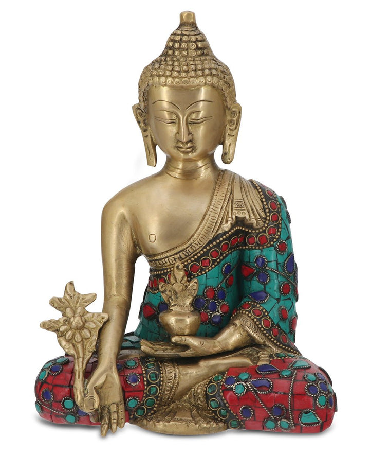 Medicine Buddha Statue in Red and Blue Artistic Brass Mosaic - Sculptures & Statues