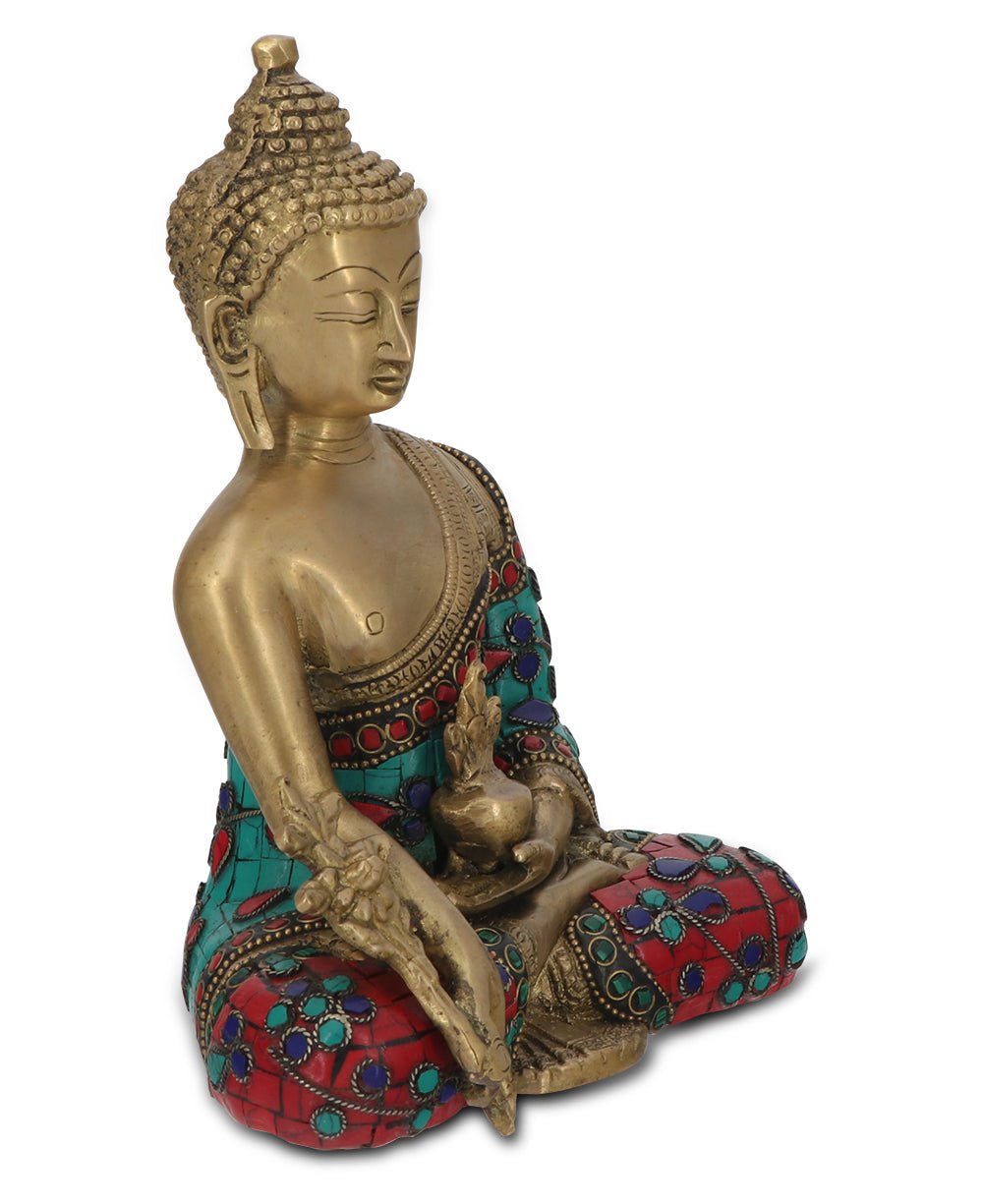 Medicine Buddha Statue in Red and Blue Artistic Brass Mosaic - Sculptures & Statues