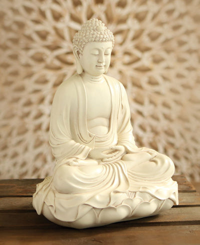 Meditating Buddha Statue on Lotus, Stone Finish, 11 Inches - Sculptures & Statues