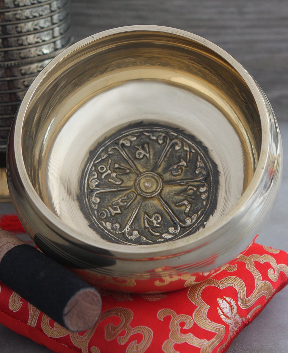 Meditation Singing Bowl with Embossed Tibetan Mantra - Hand Bells & Chimes