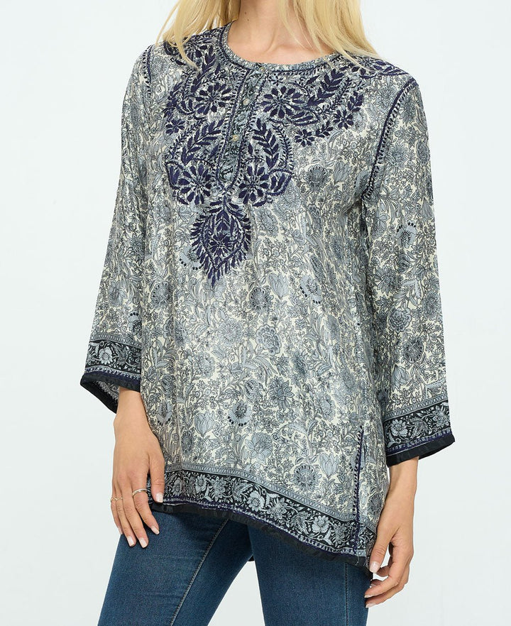 Midnight Floral Garden Embroidered Tunic Top - Shirts and Tops S