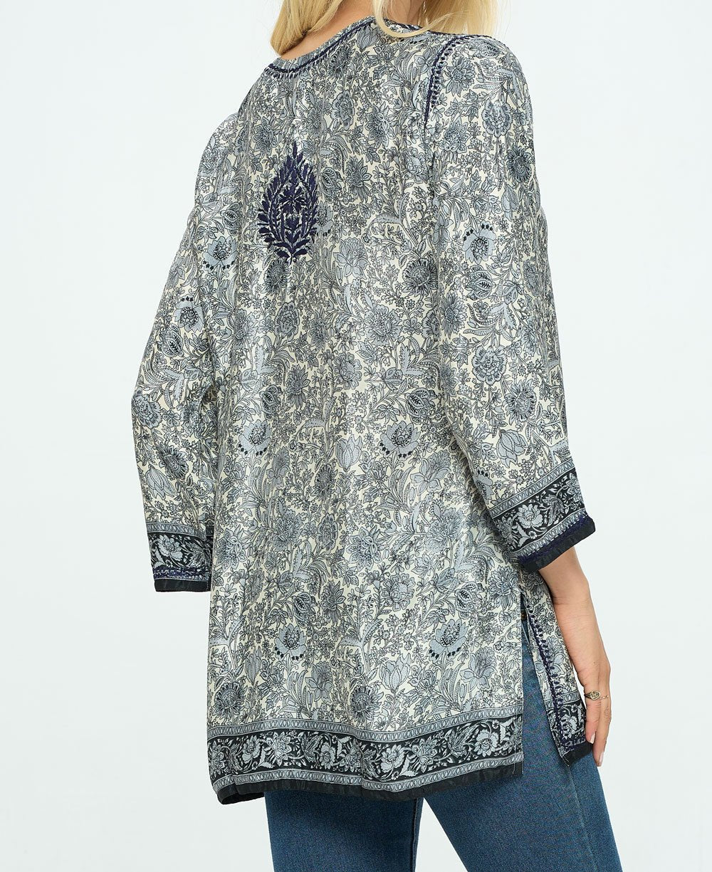 Midnight Floral Garden Embroidered Tunic Top - Shirts and Tops S