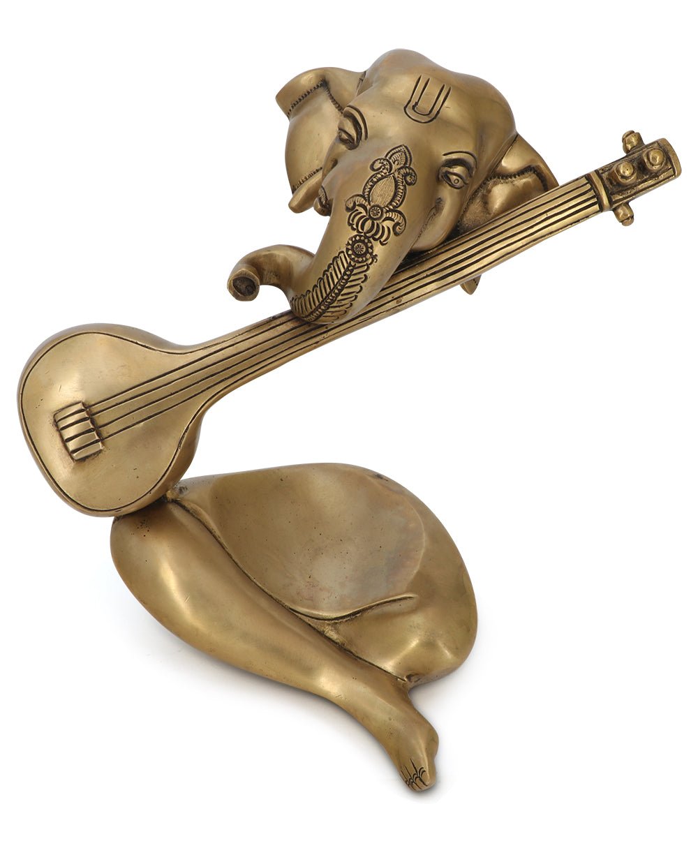 Modern Brass Ganesh Statue Playing Sitar - Sculptures & Statues