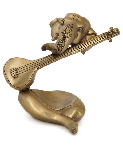 Modern Brass Ganesh Statue Playing Sitar - Sculptures & Statues
