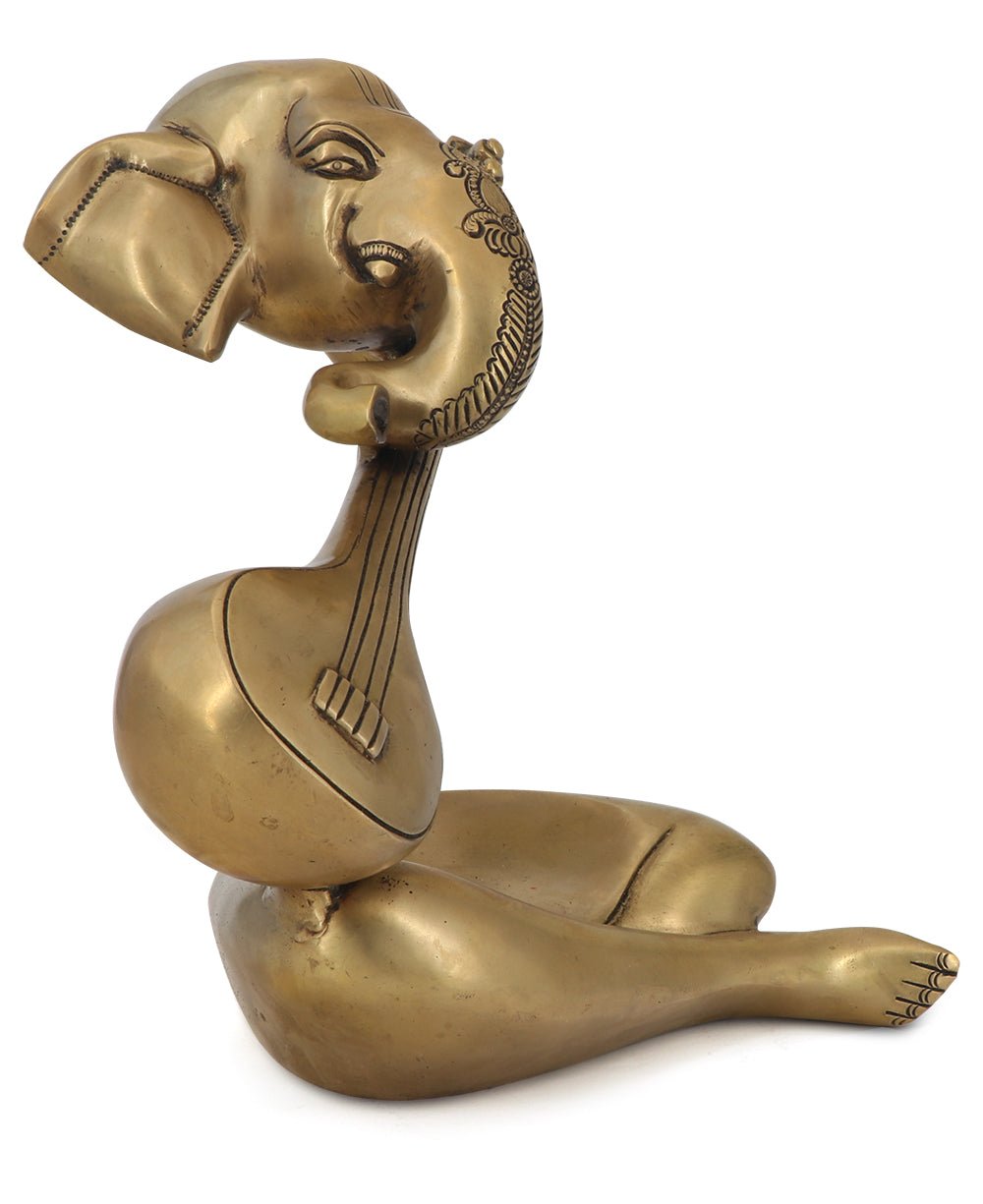 Modern Brass Ganesh Statue Playing Sitar - Sculptures & Statues
