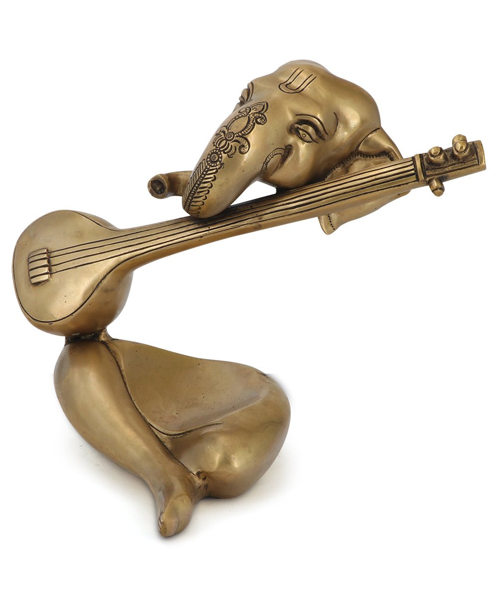 Modern Brass Ganesh Statue Playing Sitar - Sculptures & Statues