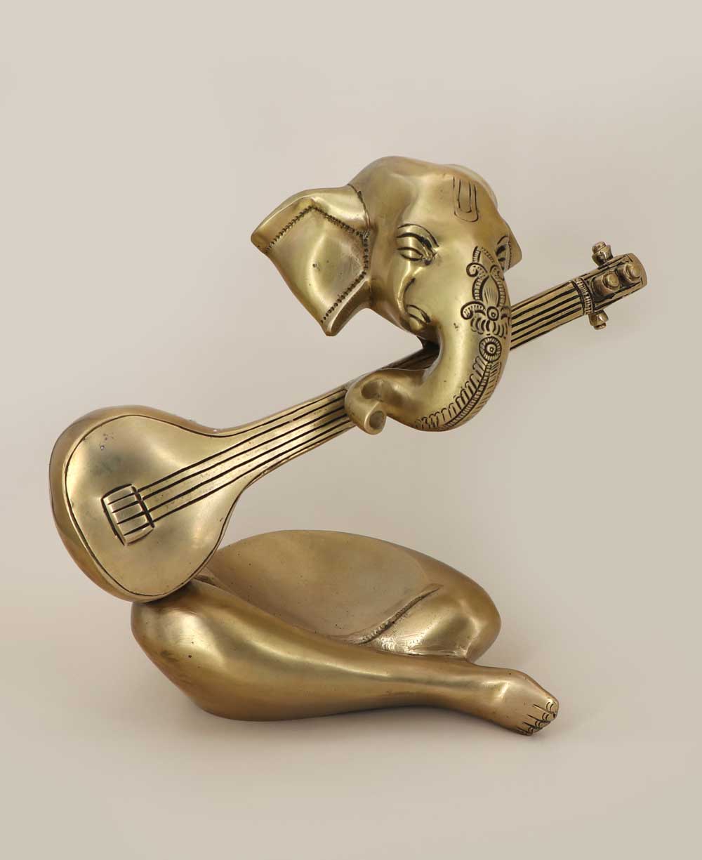 Modern Brass Ganesh Statue Playing Sitar - Sculptures & Statues