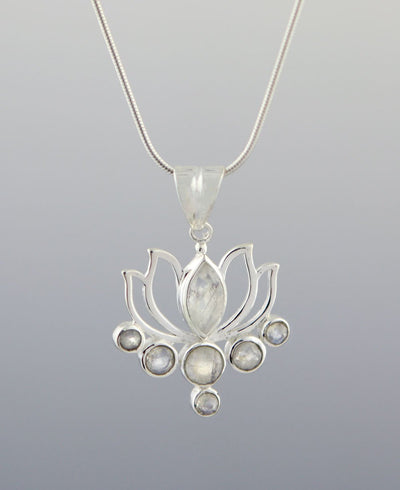 Moonstone Pendant in Lotus Design, Sterling Silver - Charms & Pendants