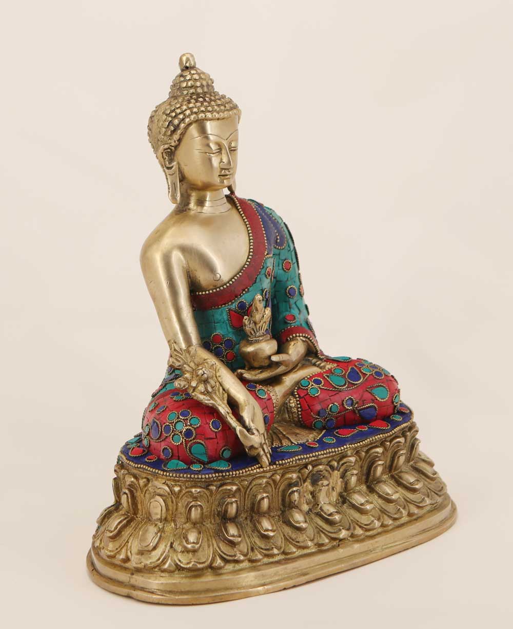 Mosaic Design Brass Medicine Buddha Statue - Sculptures & Statues