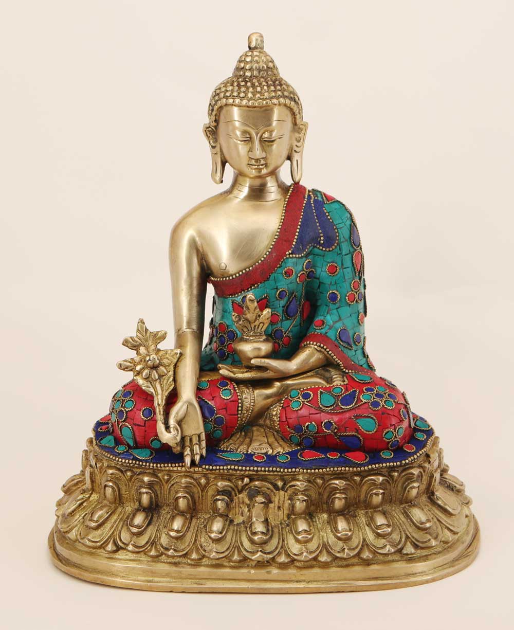 Mosaic Design Brass Medicine Buddha Statue - Sculptures & Statues