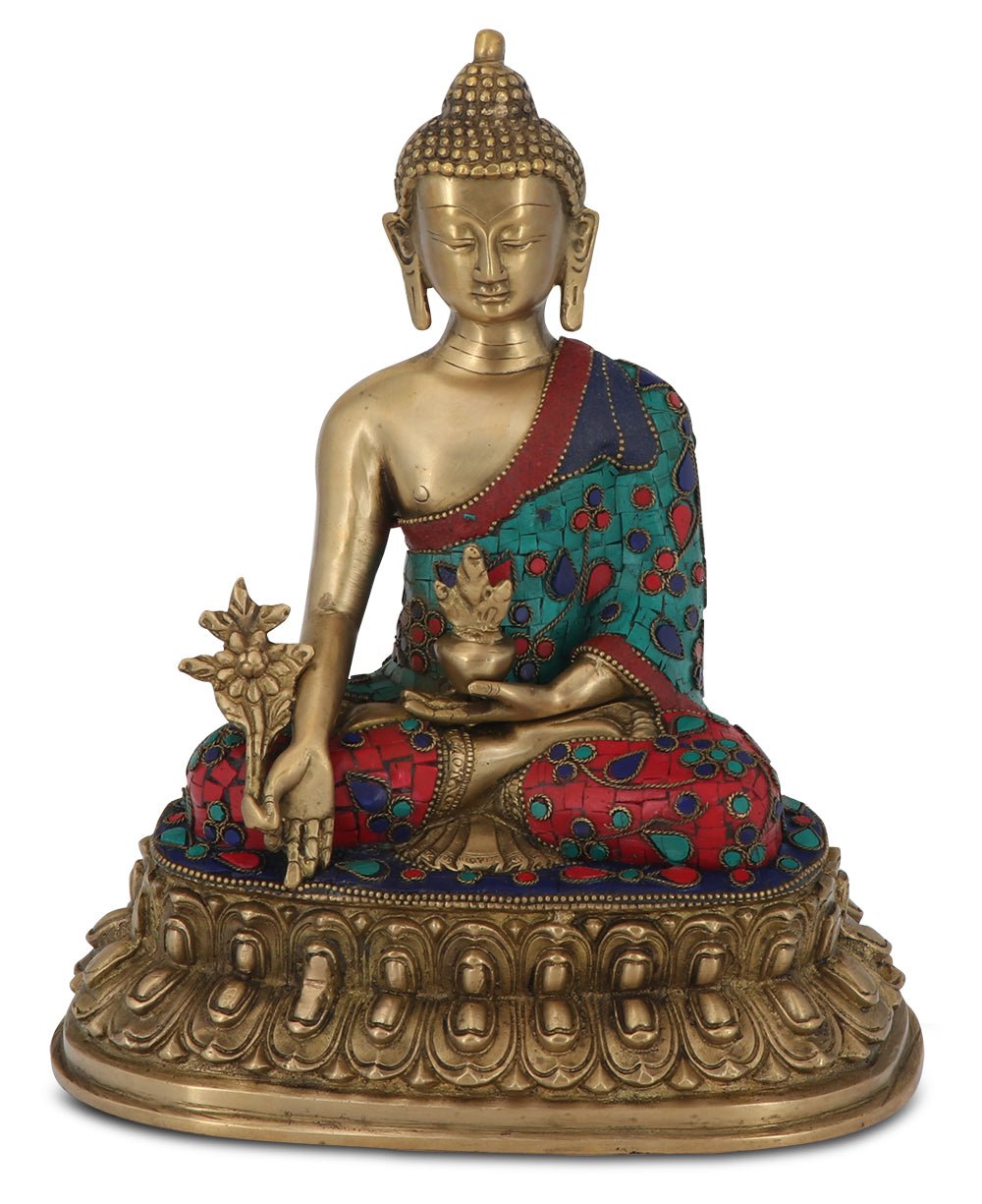 Mosaic Design Brass Medicine Buddha Statue - Sculptures & Statues