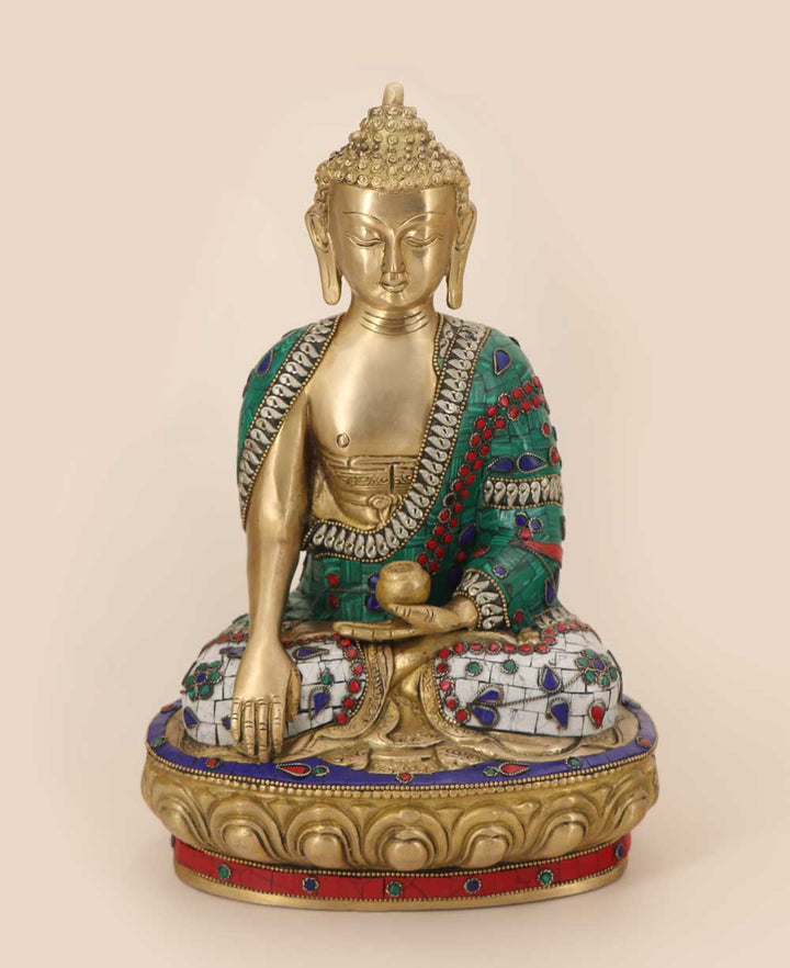 Mosaic Work Earth Touching Post Shakyamuni Buddha Brass Statue - Sculptures & Statues