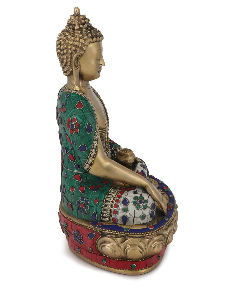 Mosaic Work Earth Touching Post Shakyamuni Buddha Brass Statue - Sculptures & Statues