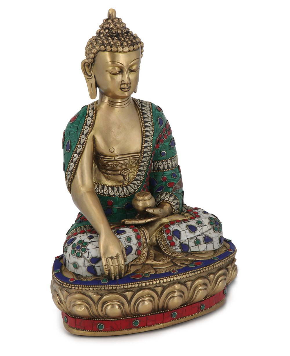 Mosaic Work Earth Touching Post Shakyamuni Buddha Brass Statue - Sculptures & Statues