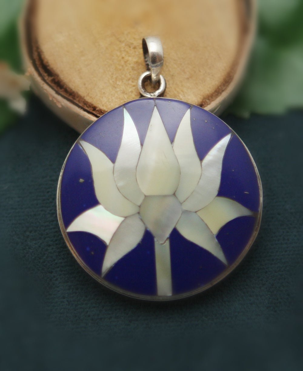 Mother of Pearl and Lapis Sterling Silver Lotus Pendant - Charms & Pendants