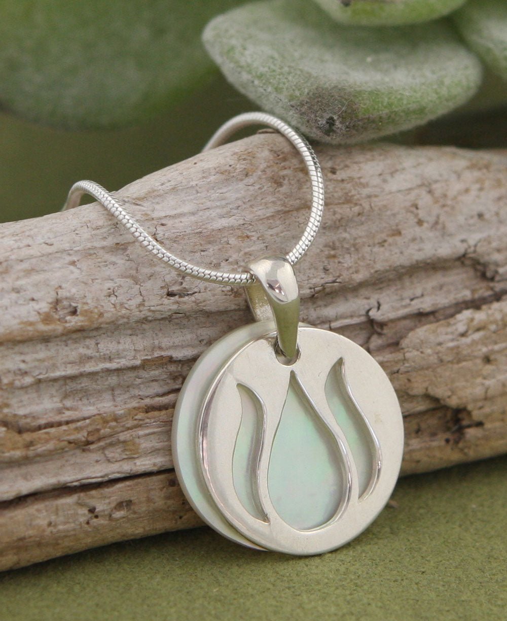 Mother of Pearl Stacked Lotus Pendant, Sterling Silver -