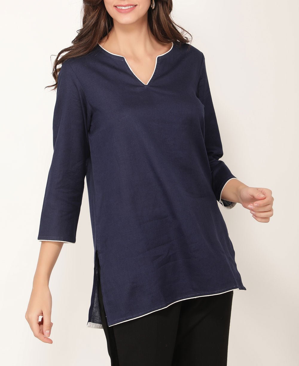 Navy Blue and White Cotton Tunic Top - Shirts & Tops S