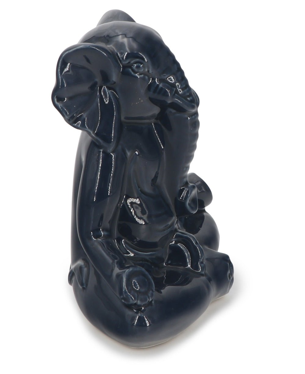 Navy Blue Ceramic Meditating Elephant Figurine - Sculptures & Statues