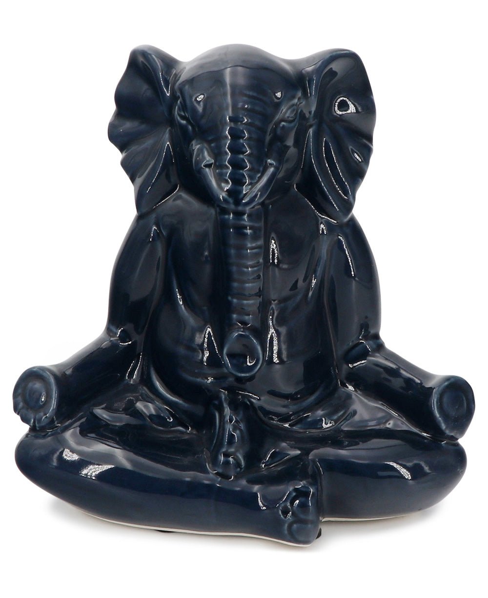 Navy Blue Ceramic Meditating Elephant Figurine - Sculptures & Statues