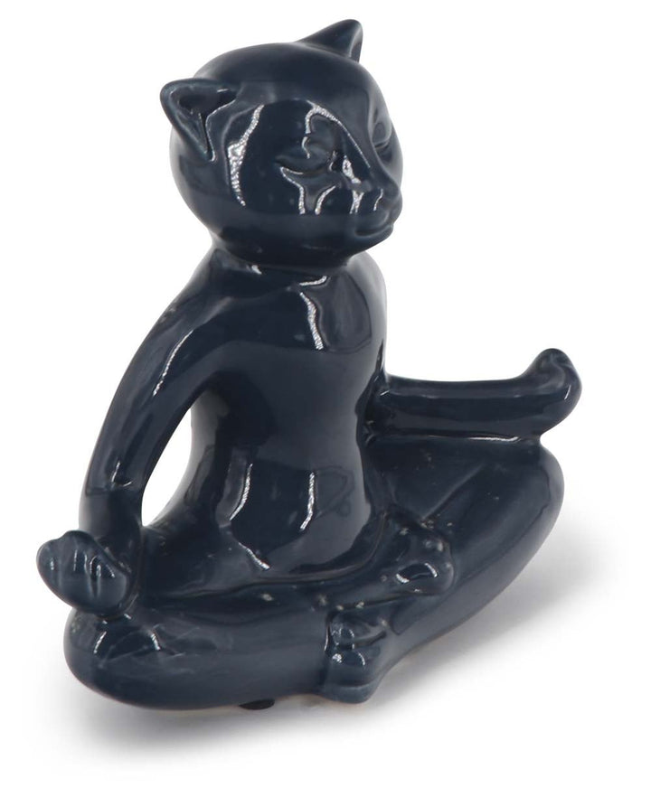 Navy Blue Ceramic Meditating Yoga Cat - Sculptures & Statues