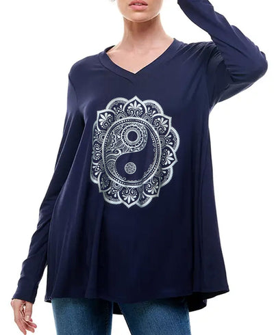 Navy Blue Comfort-Fit Tunic Top with Yin Yang Design - Shirts & Tops S