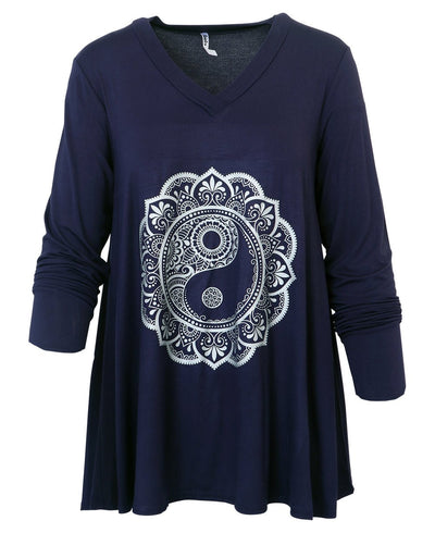 Navy Blue Comfort-Fit Tunic Top with Yin Yang Design - Shirts & Tops S