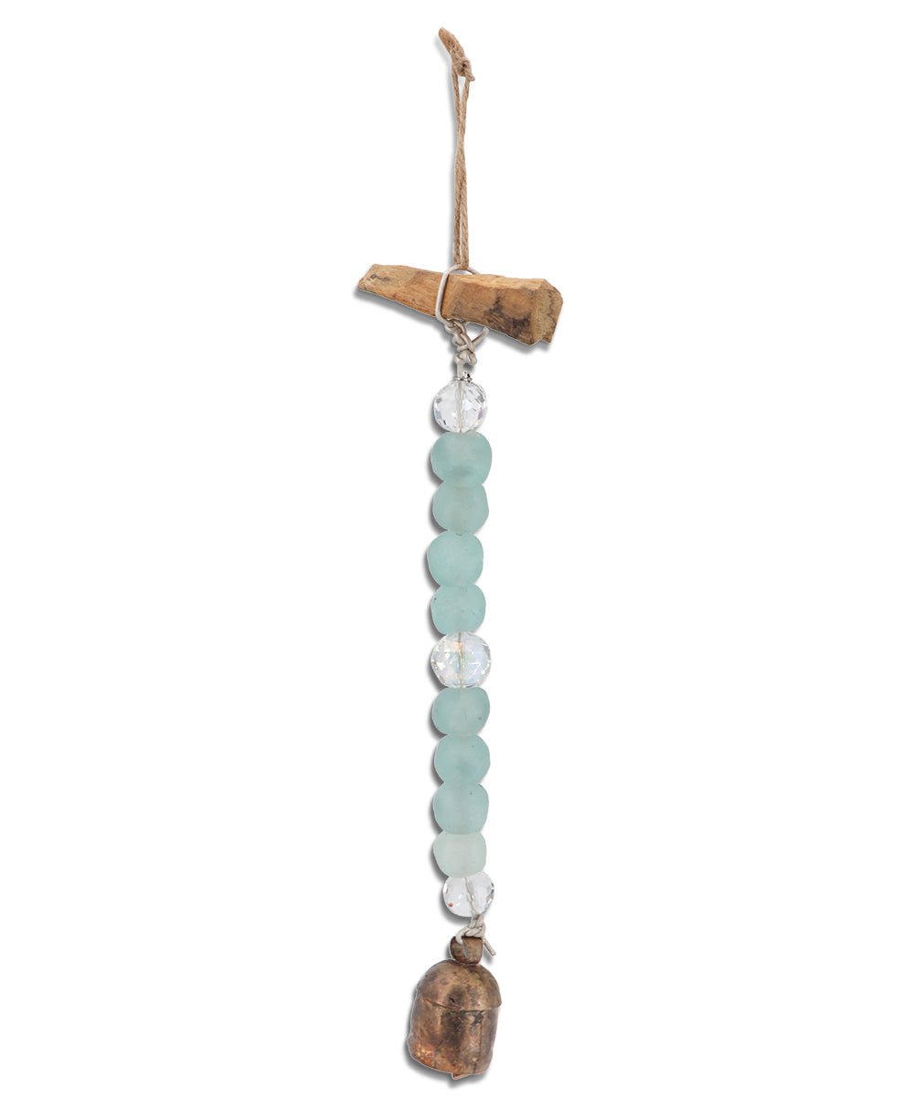 Palo Santo Wood Recycled Glass Beads with Traditional Nana Bell Hanging Chime - Wind Chimes Aqua
