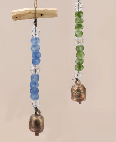 Palo Santo Wood Recycled Glass Beads with Traditional Nana Bell Hanging Chime - Wind Chimes Blue