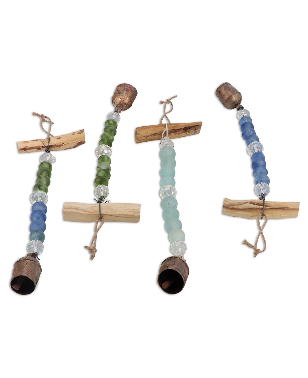 Palo Santo Wood Recycled Glass Beads with Traditional Nana Bell Hanging Chime - Wind Chimes Green