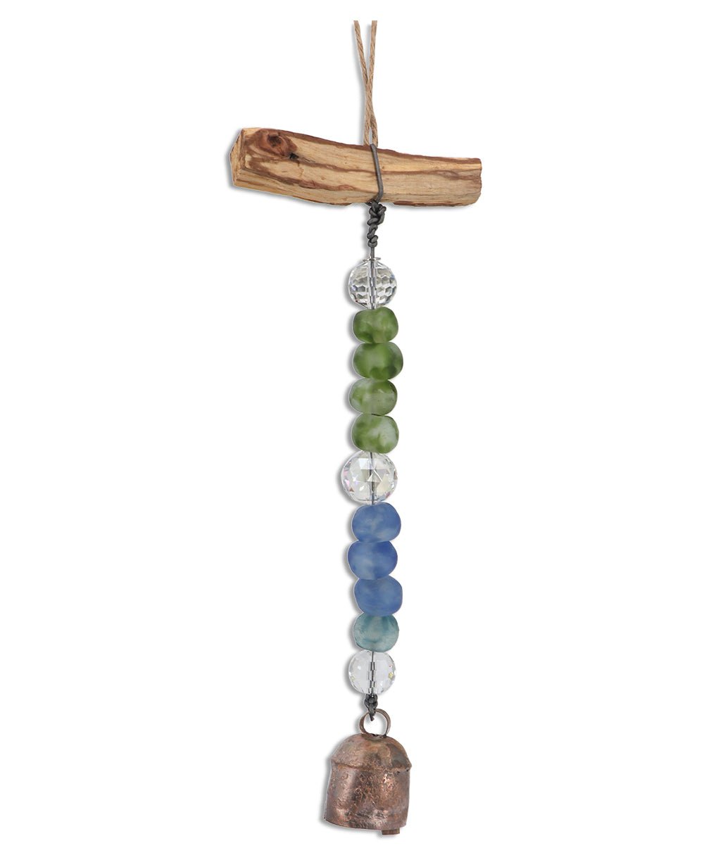 Palo Santo Wood Recycled Glass Beads with Traditional Nana Bell Hanging Chime - Wind Chimes Mixed
