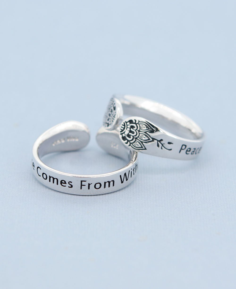 Peace Comes From Within Sterling Silver Adjustable Ring - Rings