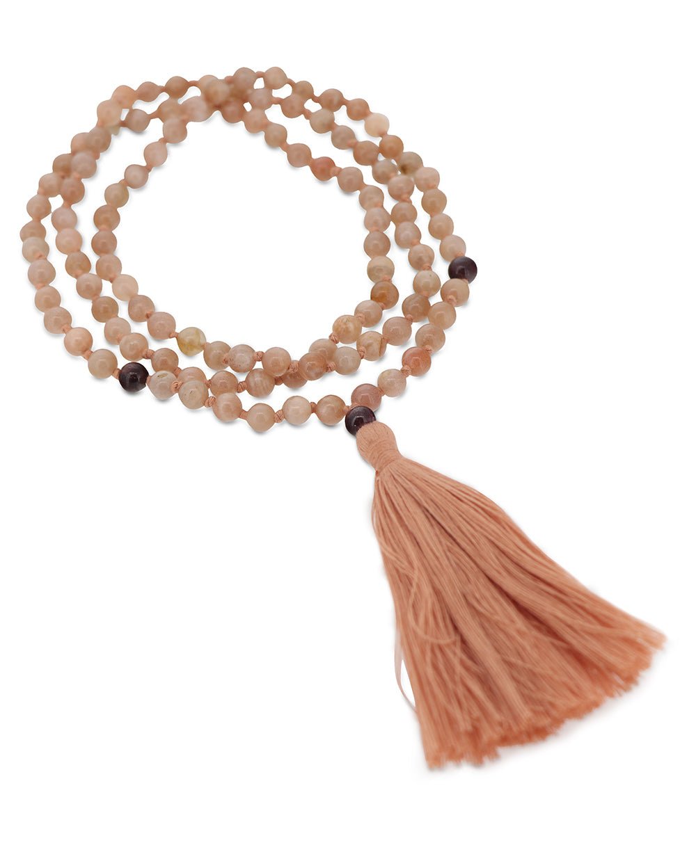 Peach Moonstone and Garnet 108 Beads Meditation Mala, Knotted - Prayer Beads