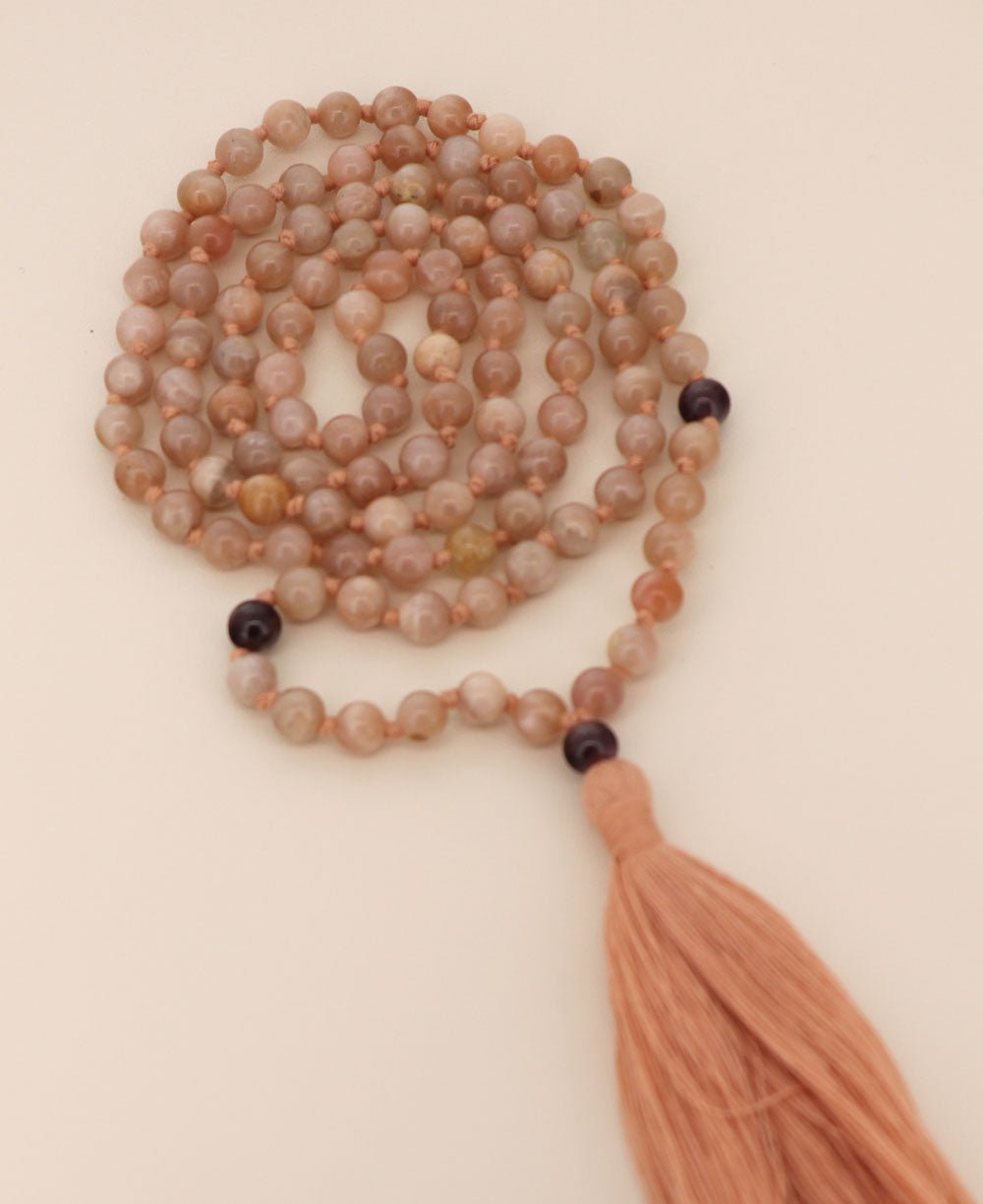 Peach Moonstone and Garnet 108 Beads Meditation Mala, Knotted - Prayer Beads