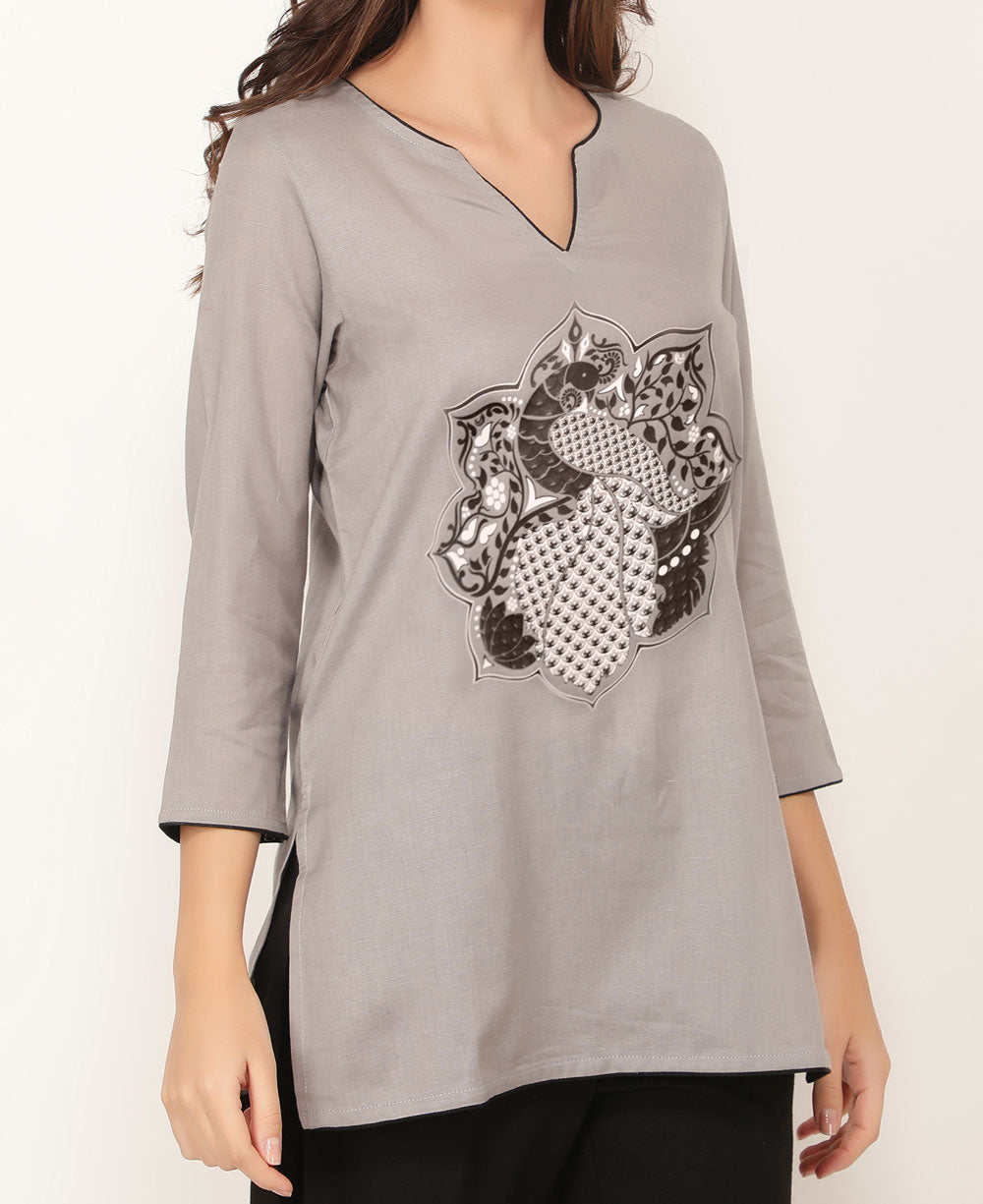 Peacock Lotus Mandala Grey and Black Cotton Tunic Top - S