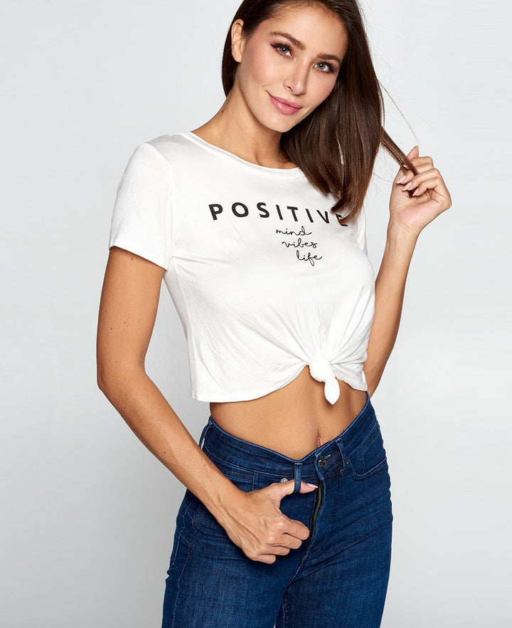 Positive Mind Knotted Crop Top - Apparel White Small